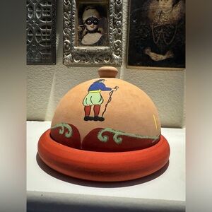 Hand-Painted Terracotta Cheese Dome with Whimsical Folk Art – Rustic‎ European